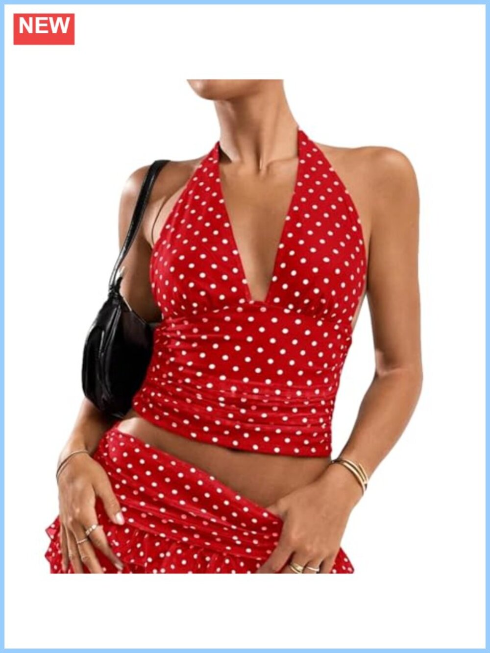 Women Y2K Coquette Polka Dot Mesh Crop Halter Top Open Back Tie Up Fitted
